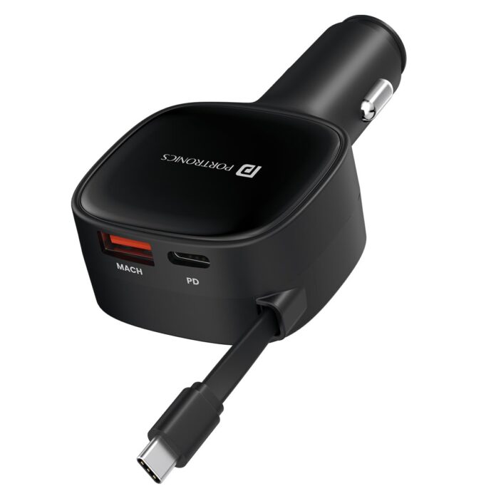 Portronics Car Power Retracto 84W 3 in 1 Car Charger, 80 cm Retractable Cable (33W Type-C PD), Dual Port (18W USB Type-A & 33W Type-C) for Laptop, Android, iPhone, Earbuds and More (Black)