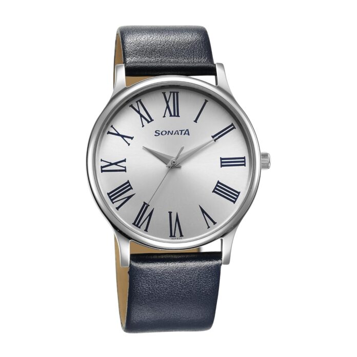 Sonata Aspire Quartz Analog Silver Dial Leather Strap Watch for Men-77105SL12W