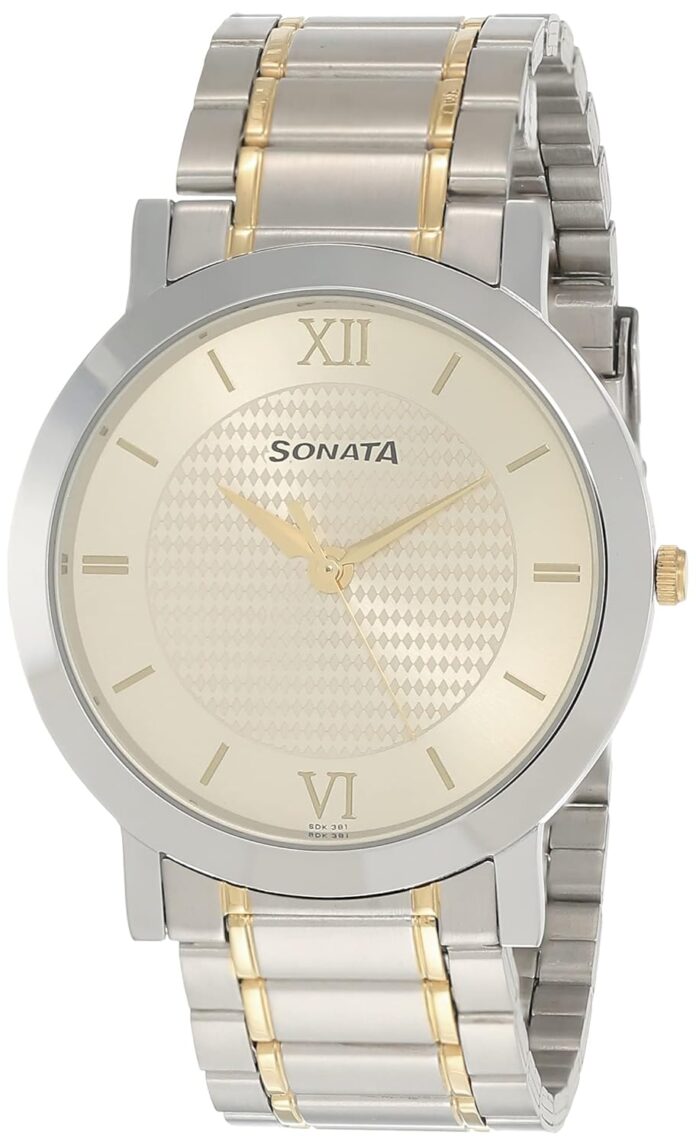 Sonata Quartz Analog Champagne Dial Stainless Steel Strap Watch for Men-NS77108BM01W/NT77108BM01W
