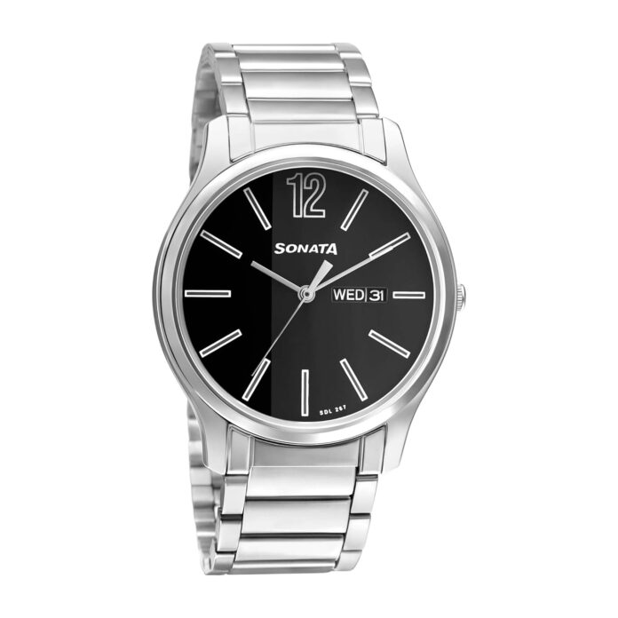 Sonata Quartz Analog with Day and Date Black Dial Stainless Steel Strap Watch for Men-NS77082SM03W/NT77082SM03W