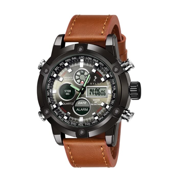 Sylvi Analogue-Digital Luxury Black Dial Leather Strap Multi-Functional Casual Business Calendar Wrist Watch for Men and Boys, Pack of 1 - SY3022