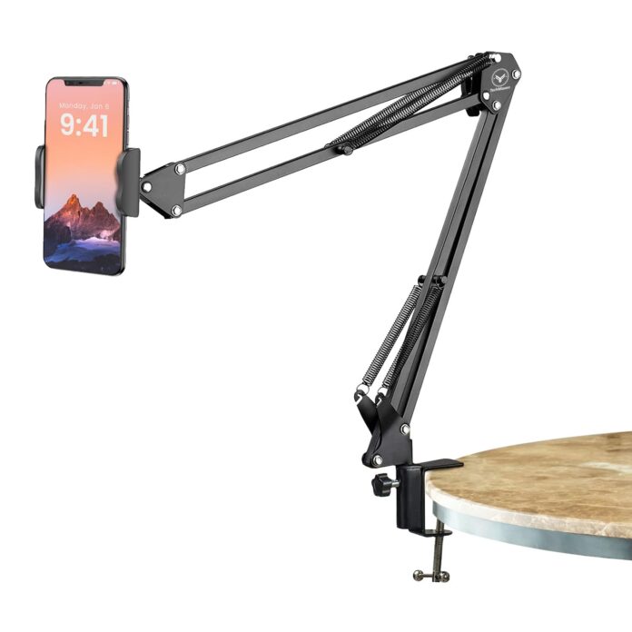 TECHMAVEN Overhead Stand with Phone Holder, Metal arm and Bracket for All Mobiles Phones, Useful for Video Streaming, Bedroom, Office Meetings, Cooking Video, Black