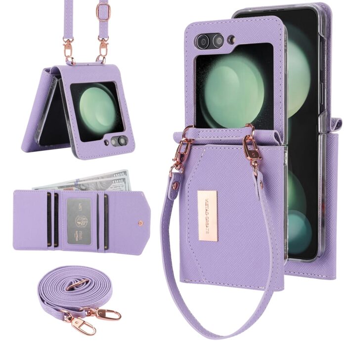 XIMAND for Samsung Galaxy Z Flip 6 Wallet Case with Built-in Leather Cash Slot and Credit Card Holder. Wristlet Strap and Hinge Protection, Carrying Handbag Phone Case.(Purple)