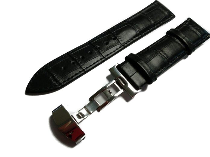 19mm Genuine Leather Watch Band Strap Fits CAL. 1155 REF. 175.0084, 1155 175.0084 Black Deployment Silver Buckle-18