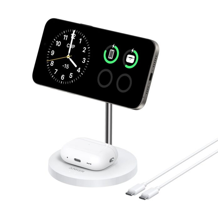 Anker Wireless Charging Stand, MagGo 2-in-1 Stand, Qi2 Certified 15W Wireless Charger, Magsafe Compatible with iPhone 16/15/14/Airpods (White)