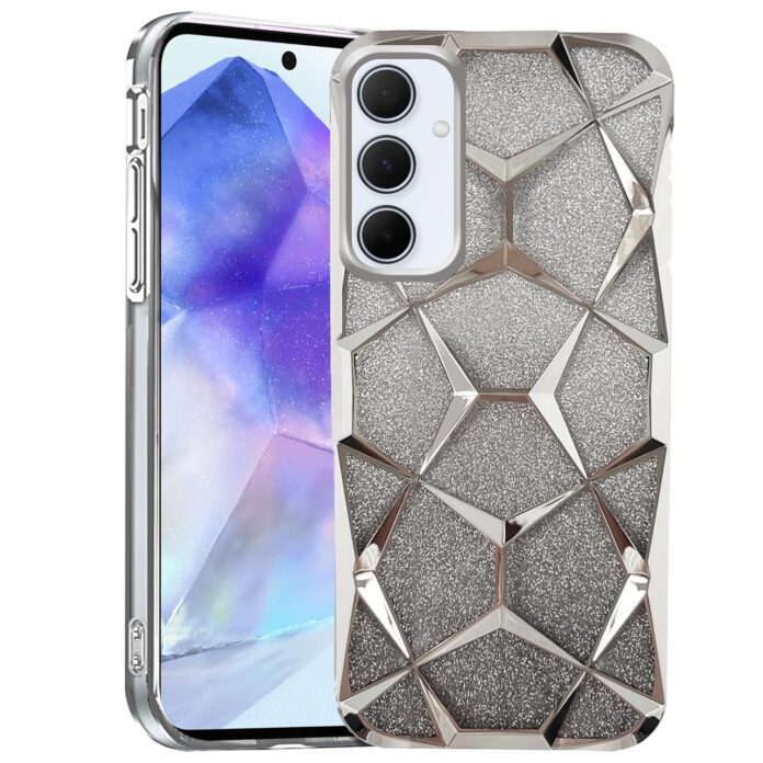 CLICKFLEEK Glitter Case Compatible for Samsung Galaxy A56 5G Luxury Electroplated 3D Cube, Diamond Bling Shiny Soft TPU Clear Shockproof Women & Teen Girls Protective Phone Cover (Silver)