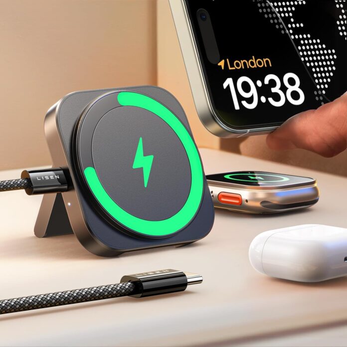 LISEN Wireless Charging Station [15W Super Portable] Magsafe Charger Stand for Apple,Travel Essentials Wireless Charger for iPhone and Watch Airpods Foldable Magsafe Accessories Fit iPhone 15 14 13