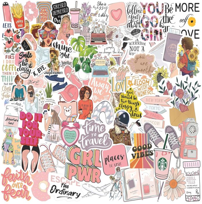 Rousrie (Pack of 100) Aesthetic Laptop Reusable Sticker S for Journal Supplies Kit, Phone Case, Quotes Reusable Sticker S for Scrapbook, Cute Korean Accessories for Girls, Vinyl, 300 mm X 230 MM