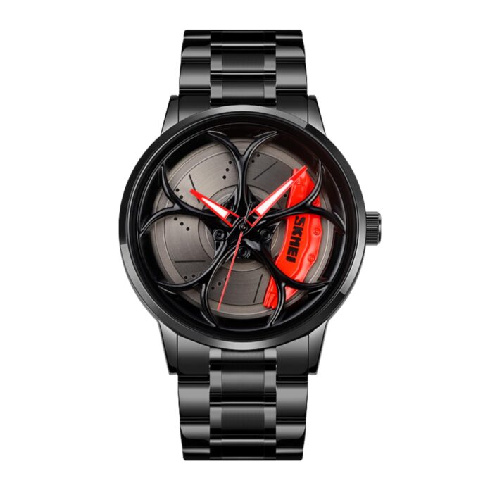 Skmei New Car Wheel Watch with Rolling Creative Fashion Analog Watch, Black Dial Zink Alloy Case Men's Watch, Stainless Steel Black Color Band, Quartz Movement, Water & Scratch-Resistant-1990