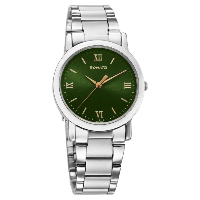 Sonata Classic Quartz Analog Green Dial Silver Stainless Steel Strap Watch for Men-NS7987SM10W/NT7987SM10W
