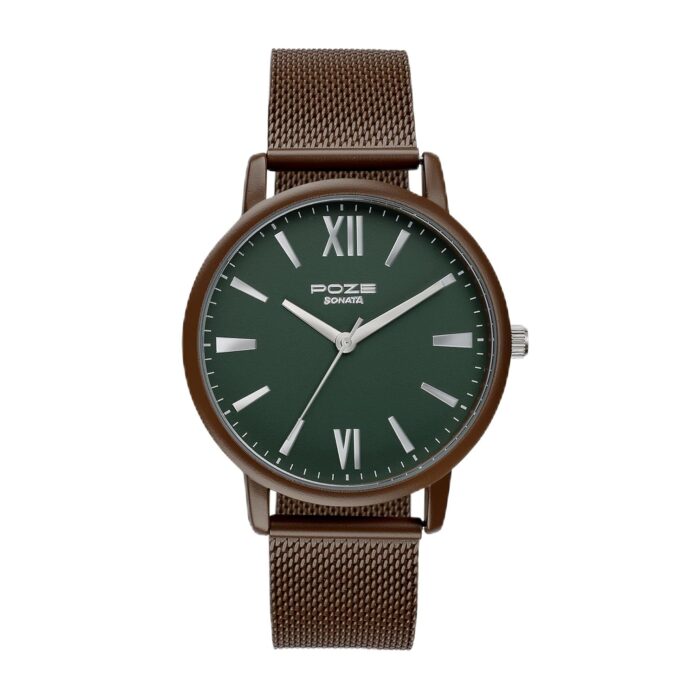 Sonata Poze Quartz Analog Green Dial Mesh Strap Watch for Men-SP70039KM04W