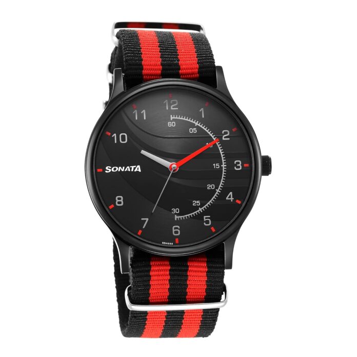 Sonata RPM Black Dial Plastic Strap Watch for Men-77105NP01