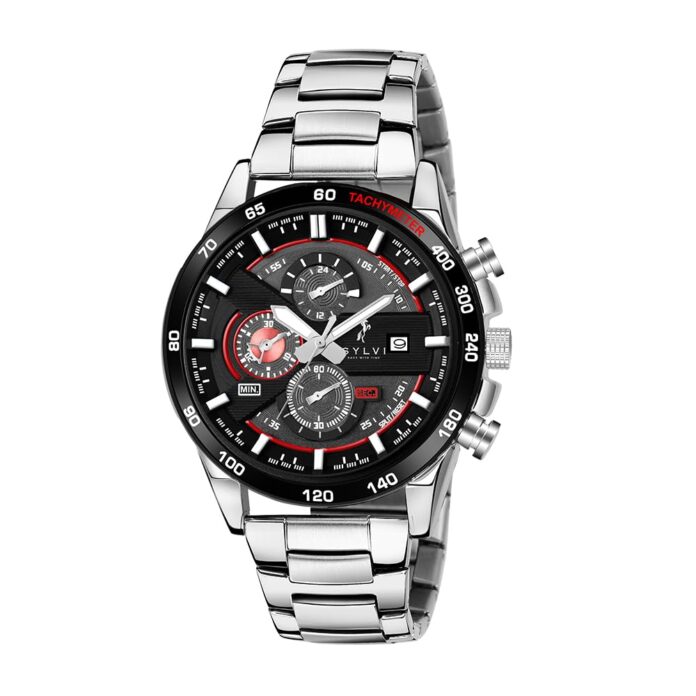 Sylvi Timegrapher Black Silver Case Silver Stainless Steel Strap Analog Watch for Men with Calendar Stop Watch Time Display
