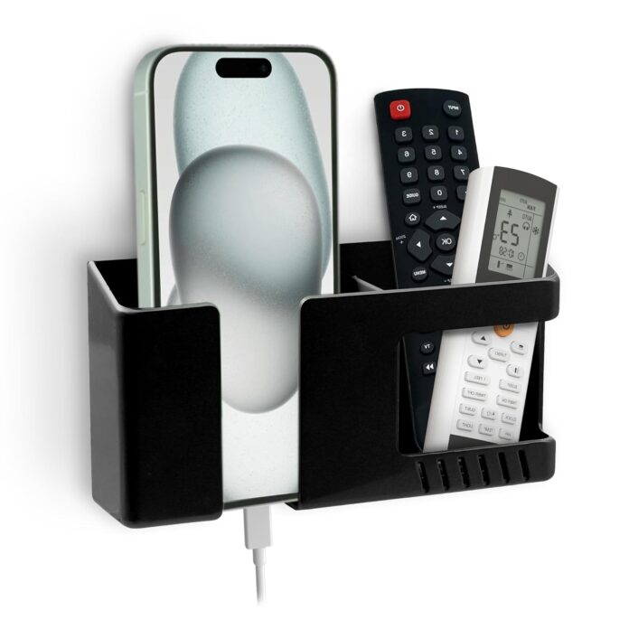Tensea® Multifunctional Wall Mounted Mobile Holder with Remote Control Storage, Key Hanger & Pen Organizer Self-Adhesive, Space Saving Accessories for Every Room (Black)