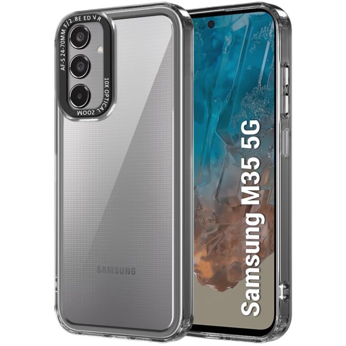 TheGiftKart Hybrid Shockproof Samsung Galaxy M35 5G Back Cover Case | Stylish Camera Border | Plated Buttons | Crystal Clear Hard Back Cover Case for Samsung M35 5G (TPU & PC, Smoked Bumper)
