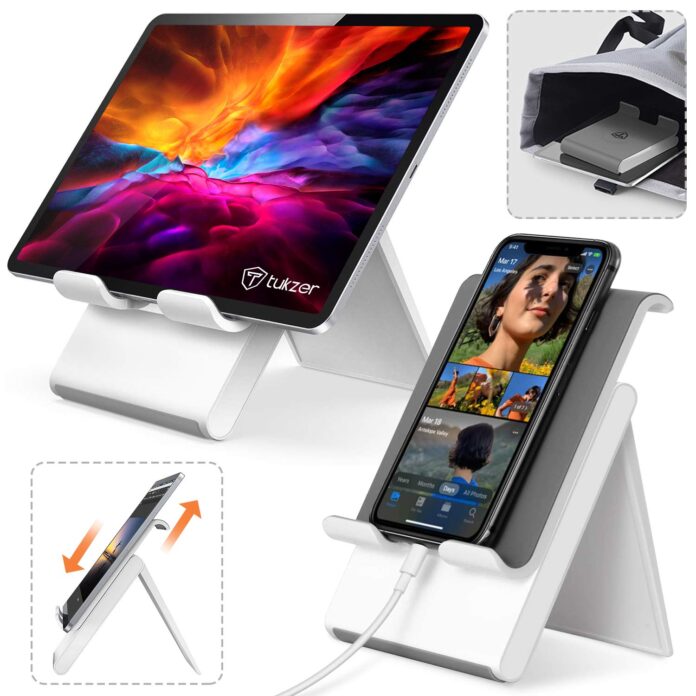 Tukzer Foldable Tablet & Mobile Stand Holder with Telescopic Height & Multi-Angle Adjustment| Anti-Slip Silicone Surface, Charging Slot| For Up to 12 Inch Screen iPad Tab, Smartphones, Kindle (Silver)