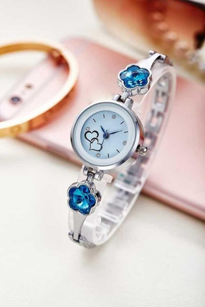 Acnos Analog Watch for Girls New Heart Designer Dial Blue SkyBlue Silver Light Pink Stone Watch Two Bracelets Combo