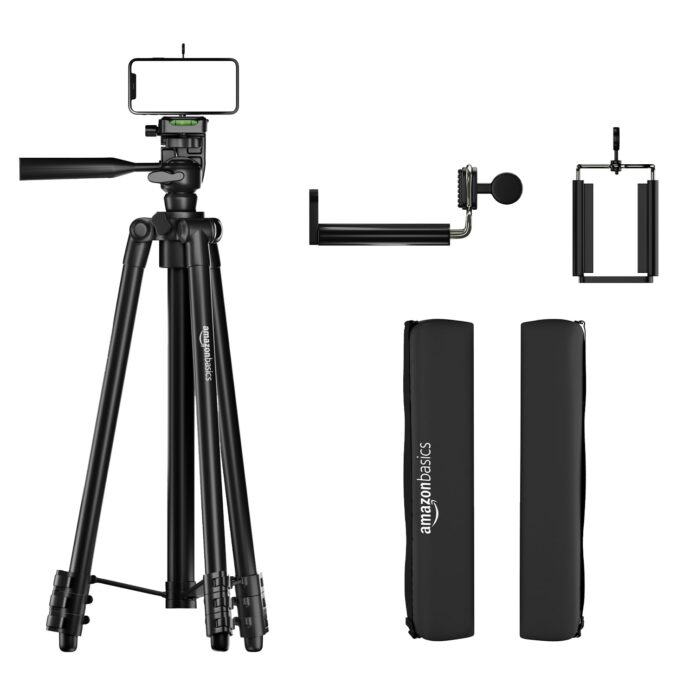 Amazon Basics Lightweight Aluminium Tripod Phone Holder | 3-Way Pan | Height Adjustable (36-111 cm) | For Phones, Cameras, Ring Lights, Reflectors, Umbrellas & Flashlights | Includes Carry Bag | Black