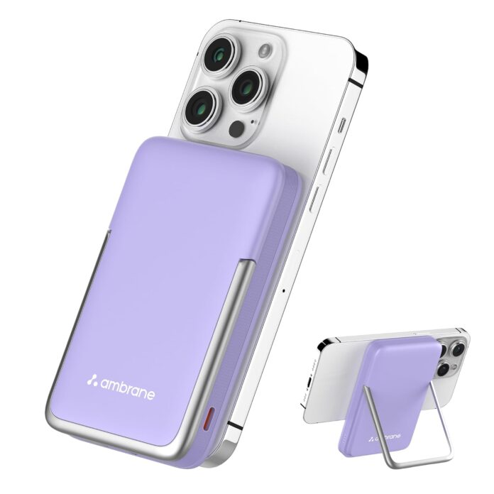 Ambrane 10000mAh MagSafe Powerbank with Stand 22.5W Wired & 15W Wireless Fast Charging Dual Input (Type-C & Lightning) | Triple Output | for iPhone 16/15/14/13/12 & Android Devices (PB11, Purple)