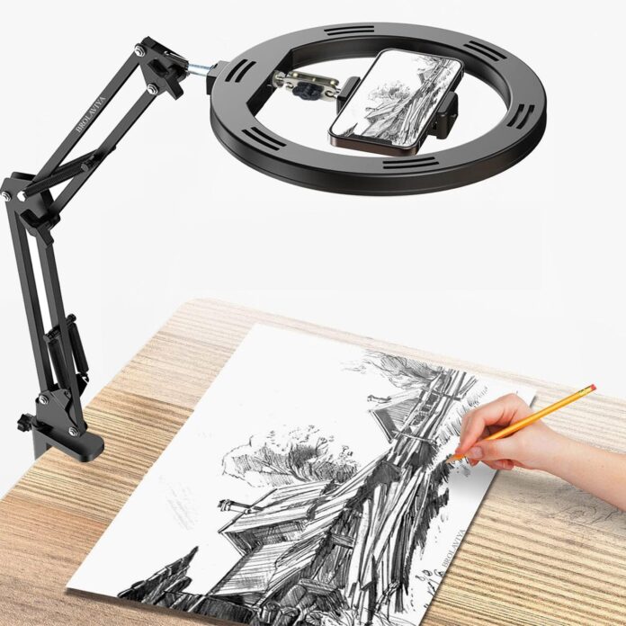 BROLAVIYA No Shadow Overhead Video Mobile Stand with 10inch Selfie Ring Light, Metal Arm,1/4