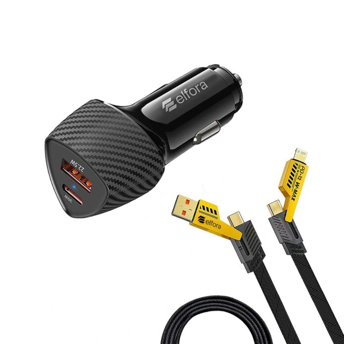Elfora 52.5W Fast Car Charger (33W Type-C PD + 22.5W USB) with 65W 4 in 1 Braided 1.5m Charging Cable | Multiport Type-C | Lightning & USB-A | Compatible for All Mobile Phones and Tablets