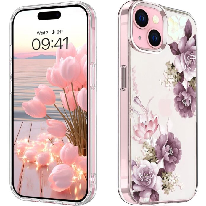 Elzzi Clear Transparent Flower Case for iPhone 15 Plus - Shockproof PC+TPU Cover - Full Camera Protection - Pink