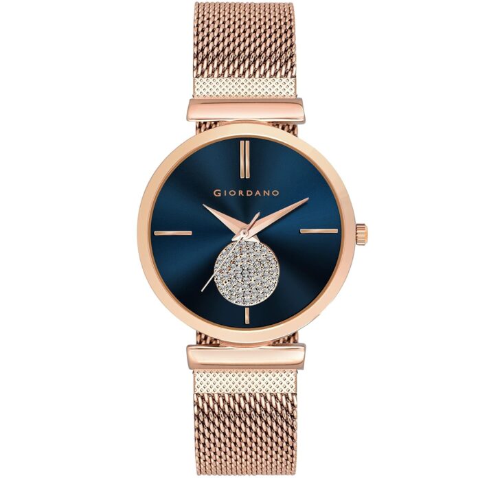 Giordano Eleganza Collection Analog Watch for Women with Crystal Studded Dial and Metallic Mesh Strap