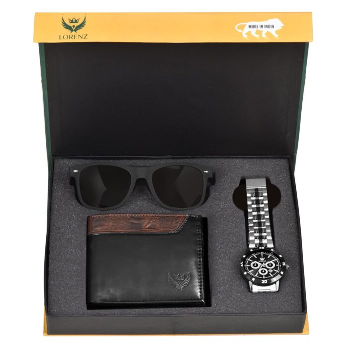 LORENZ Gift Combo Set for Men | Stylish Steel Analog Watch, PU Leather Wallet & UV Sunglasses | Gift Box for Birthday, Anniversary, Corporate Gifting