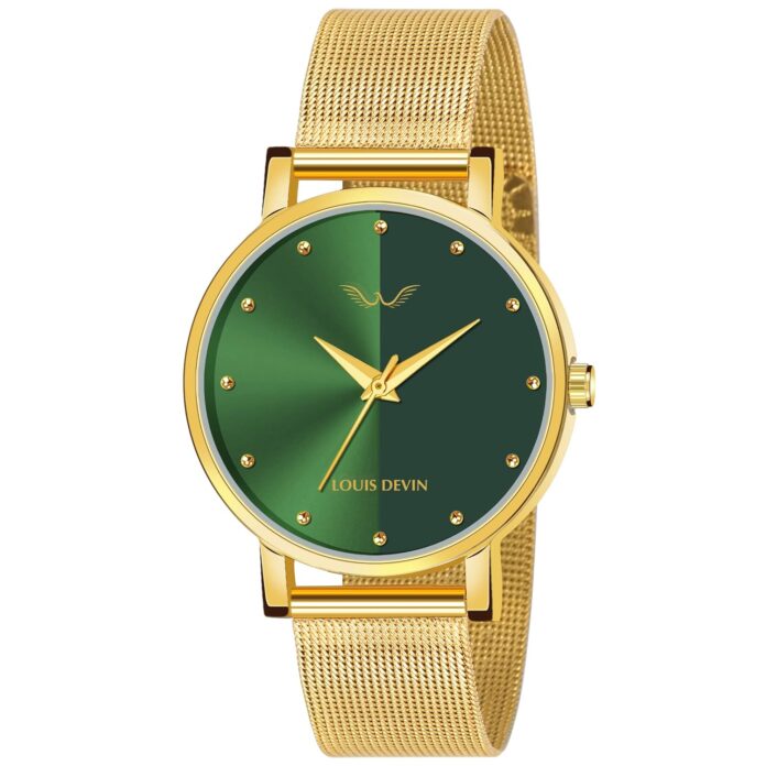 LOUIS DEVIN Women's Analog Wrist Watch with Gold Plated Mesh Chain