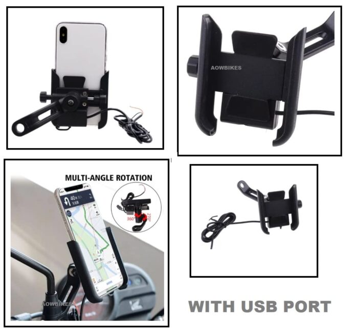 Meenu Arts Wateproof Metal Bike Mobile Holder Mount with Charger (Mirror Fitting) Compitable for Yamaha FZ V1/V2/V3
