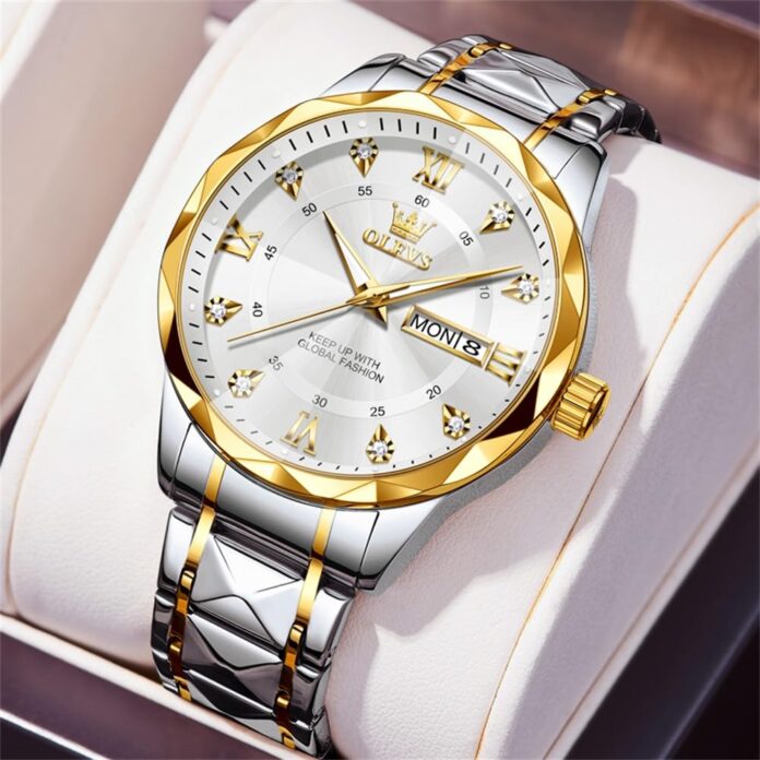 OLEVS Men's Business Watch Gold Blue with Large Easy-Read Analog Quartz Date Display Luxury Stainless Steel Band Waterproof Luminous Hands