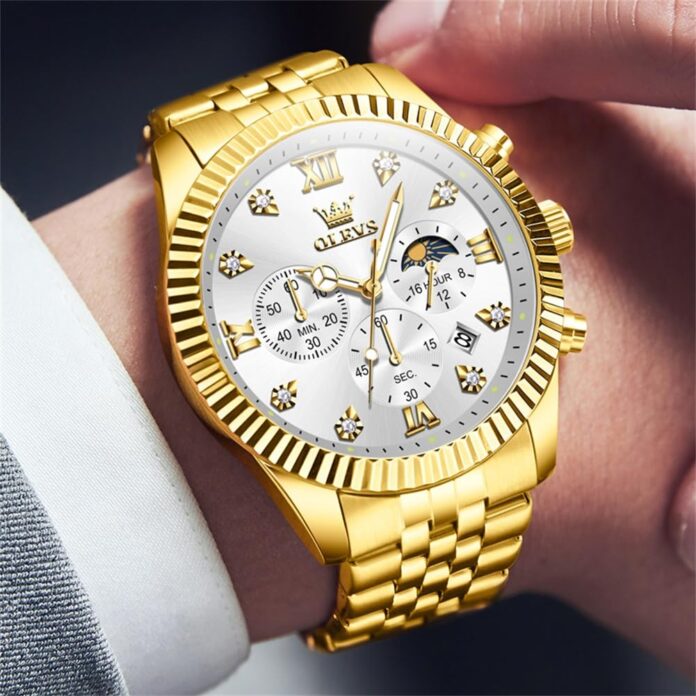 OLEVS Watch for Men Analog Quartz Stainless Steel Moon Phase Calendar Chronograph Diamond Watches Waterproof Wrist Watch Luminous