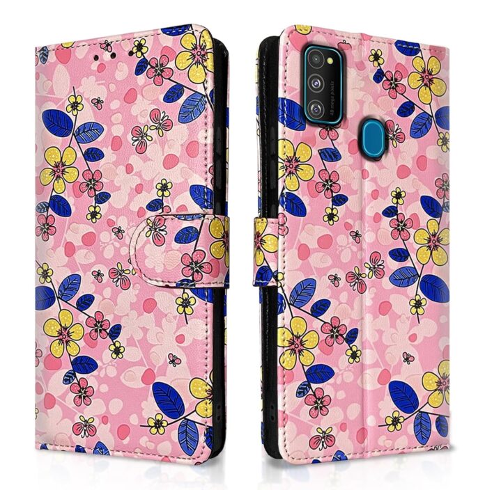 Pikkme Samsung Galaxy M30s / M21 / M21 (2021) Flip Cover for Girls Leather Finish Inside TPU with Card Pockets Wallet Stand and Shock Proof | Complete Protection Flip Case (Pink Flower)