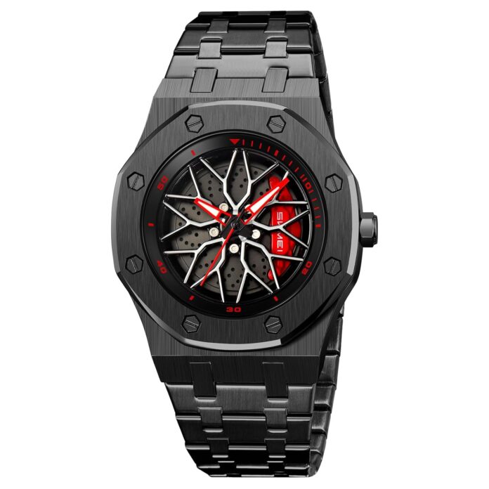 SKMEI Spinning Car Wheels Rolling Watch for Men Analog Display Black-Red Dial Zinc Alloy Men's Stainless Steel Black Color Stylish Band Water-Resistant & Scratch-Resistant-2359