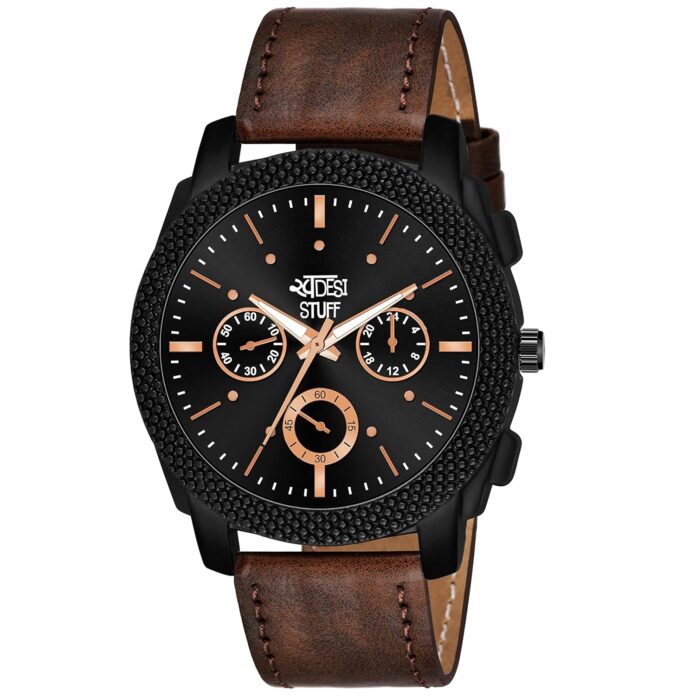 SWADESI STUFF Black Dial Analog Watch for Men – Brown Leather Strap, Quartz Movement