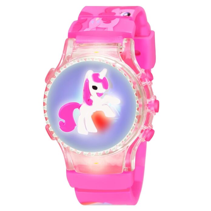 Shocknshop Digital Kids Pink Unicorn Children Cartoon Toy Rotating Top with Lights Watch for Girls -W113