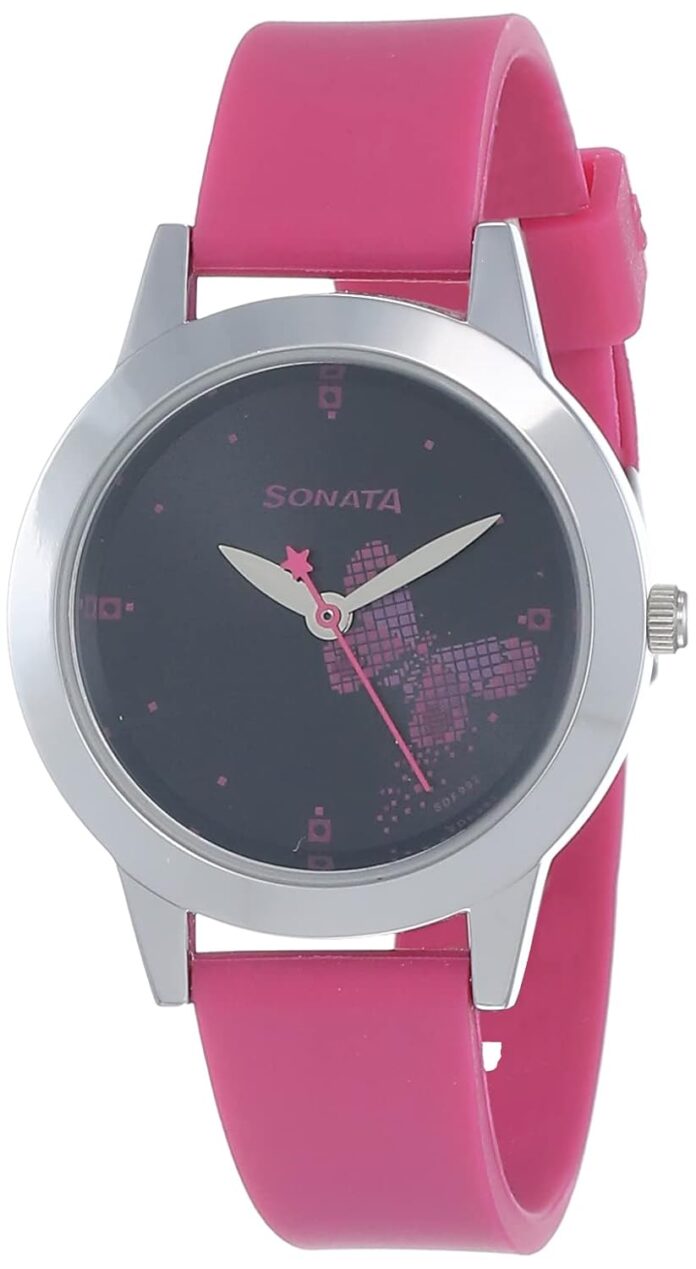 Sonata Quartz Analog Black Dial Plastic Strap Watch for Women-NS87019SP01W