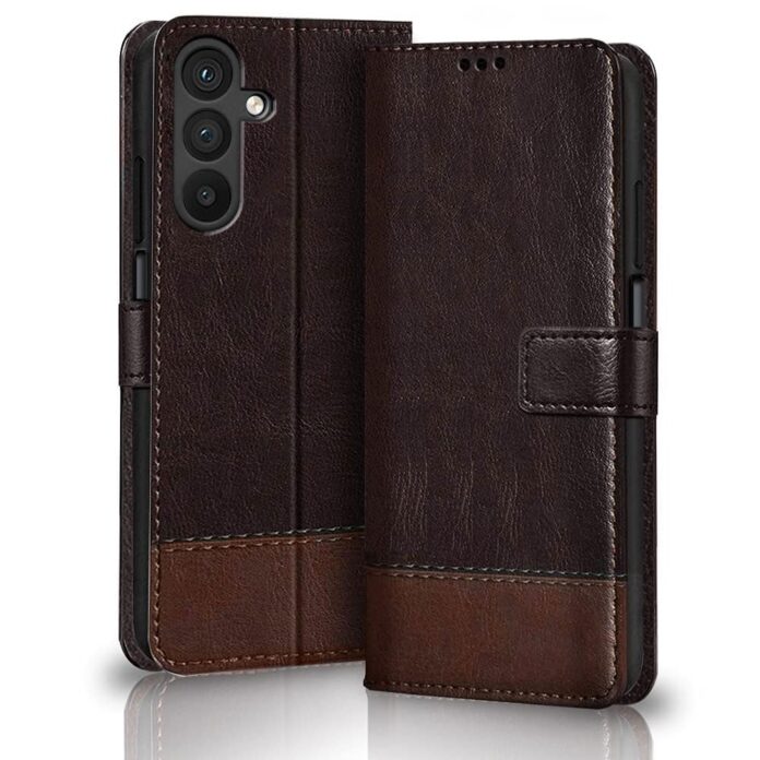 TheGiftKart Flip Back Cover Case for Samsung Galaxy M35 5G | Dual-Color Leather Finish | Inbuilt Stand & Pockets | Wallet Style Flip Back Case Cover for Samsung M35 5G (Faux Leather, Coffee & Brown)