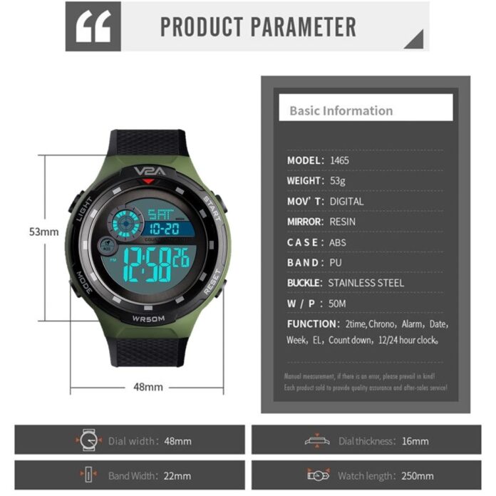 V2A Men's Digital 5ATM Waterproof Sports Watch with Backlight Alarm Stopwatch (Green)