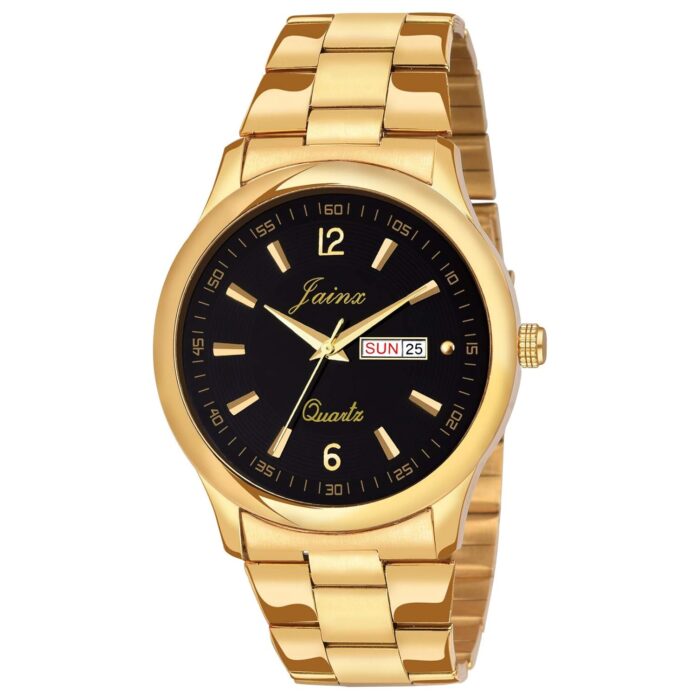 jainx Premium Golden Chain Day and Date Feature Analog Stainless Steel Black Dial Gold Plated Band Wrist Watch for Men - JM1132