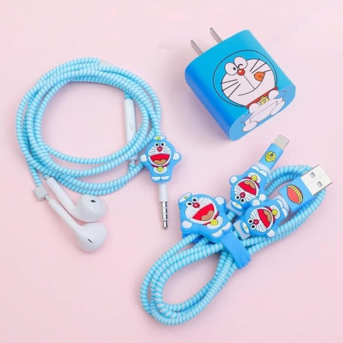 Careflection 6-in-1 Multi Combo Spiral USB Cable Protectors + Earphones Winder + Sticker + Cable Clips + Earphone Jack Clip for Old 5W Apple iPhone iPad Charger (Doremon)