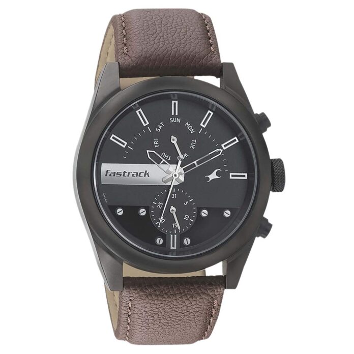 Fastrack All Nighters Quartz Multifunction Black Dial Brown Leather Strap Watch for Guys - NT3165NL01