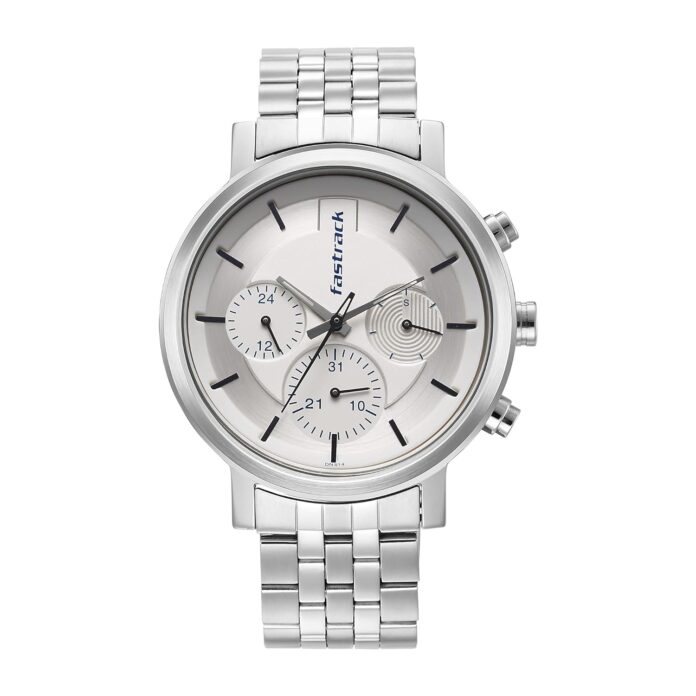 Fastrack Tick Tock Multifunction White Dial Silver Stainless Steel Strap Watch for Guys - NT3287SM01​