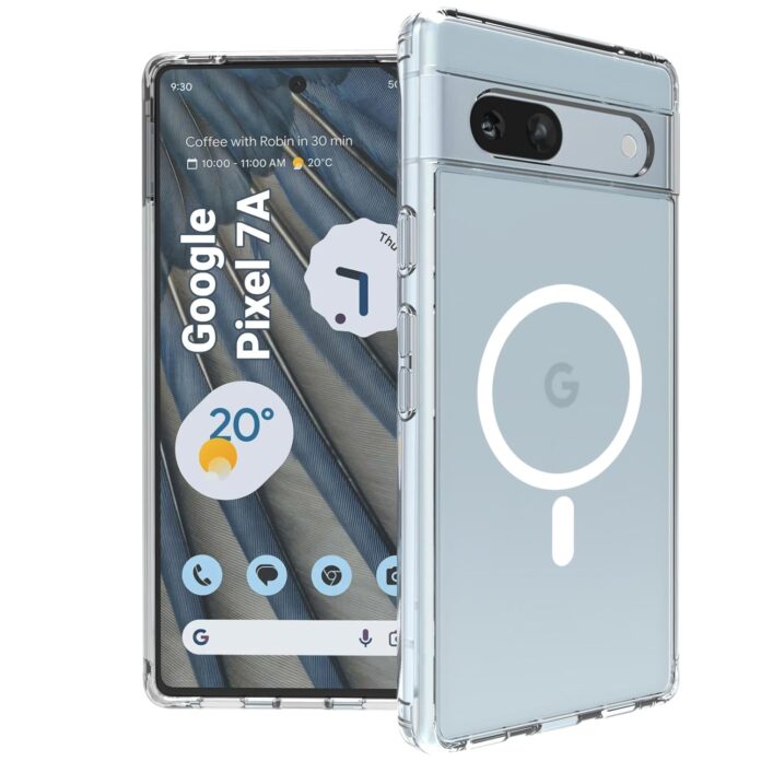 RIGGEAR Shockproof Clear Hybrid Armor Magnetic Back Cover Case Compatible with MagSafe Accessories for Google Pixel 7A (Transparent PC and TPU Bumper)