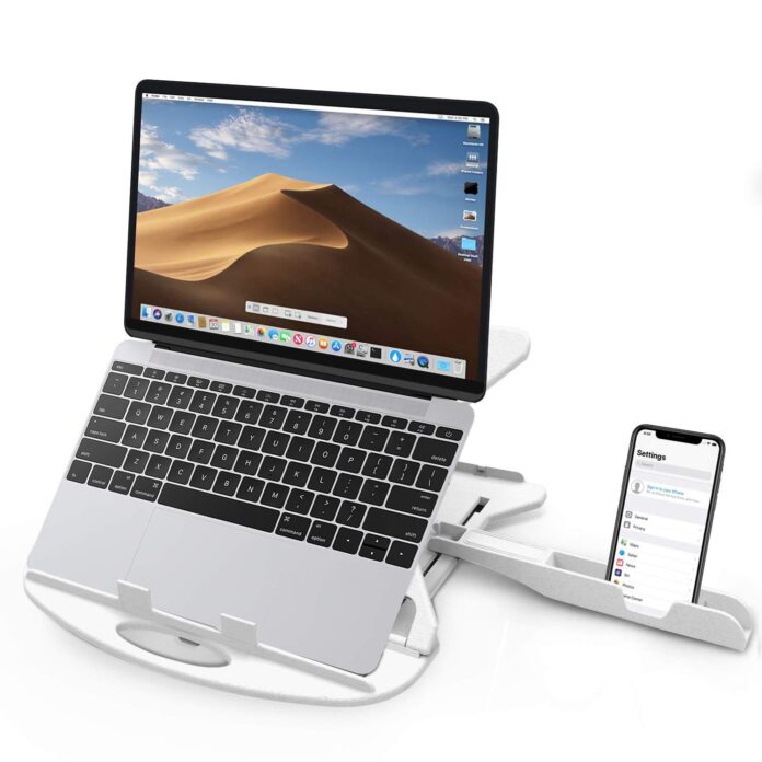 STRIFF Adjustable Laptop Stand macbook stand Patented Riser Ventilated Portable Foldable gaming laptop stand Compatible with MacBook Notebook Tablet Tray Desk Table Book with Free Phone Stand(White)