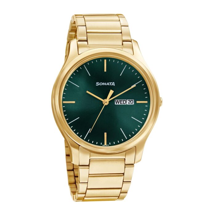 Sonata Quartz Analog with Day and Date Green Dial Stainless Steel Strap Watch for Men-NS77082YM05W/NT77082YM05W