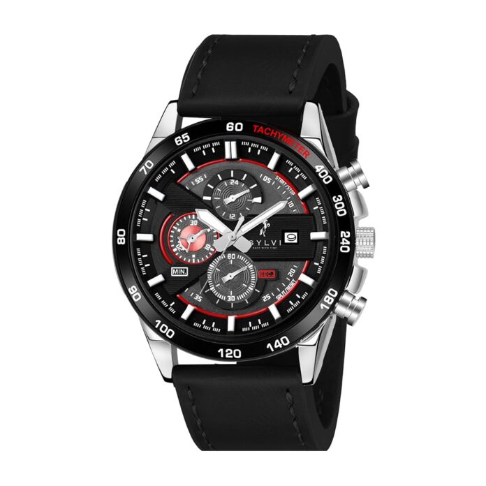 Sylvi Timegrapher Red Luxury Business Casual Party-Wear Leather Strap Chronograph Date Display Watch for Men | Working Chronograph Watch for Men - 556 Red Leather