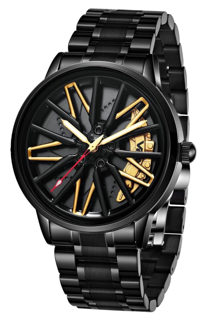 V2A Stainless Steel Vortex Wheel Rolling Series Men's Analog Watch Open Dial Black Strap Watch Car Wheel-Inspired Design, Hollow Out Elegance Casual Watch for Men | Gift for Men