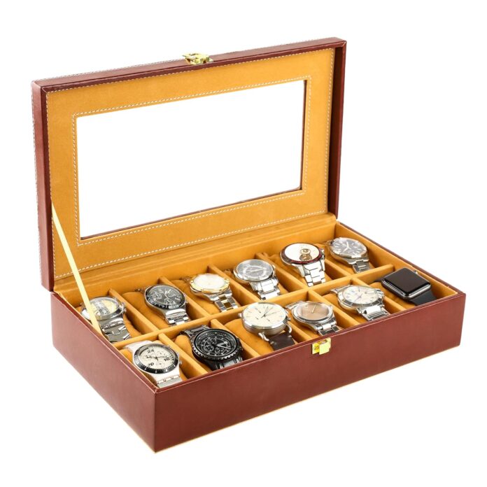 Watch Box Organizer – 12 Slot Display Case with Glass Lid, PU Leather, Soft Velvet Interior – Elegant Storage for Men’s & Women’s Watches, Jewelry & Accessories – Gift-Ready Case, Brown