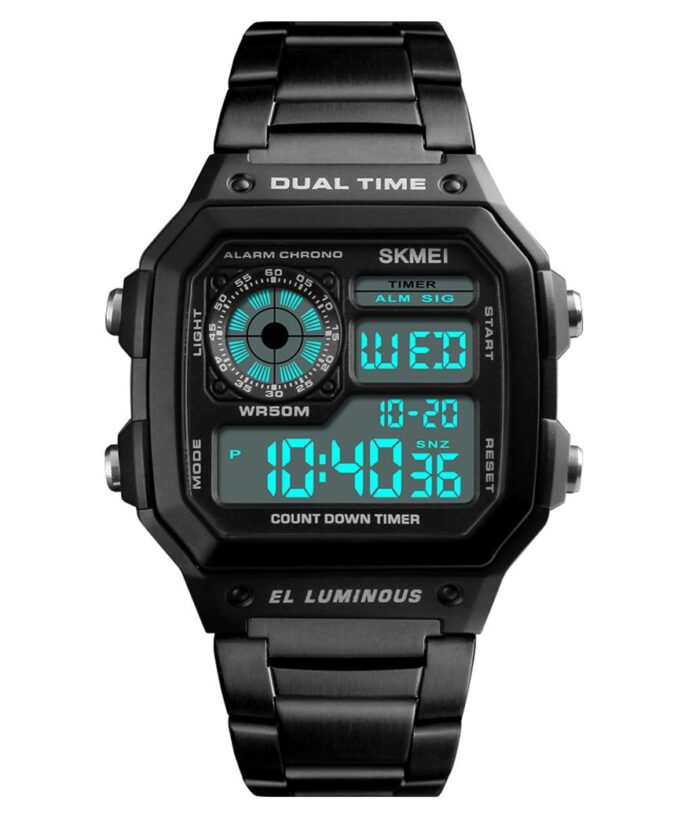 YOOTEN Skmei Quartz Movement Multi-Function Digital Black Dial Men's Watch With Stainless Steel Band